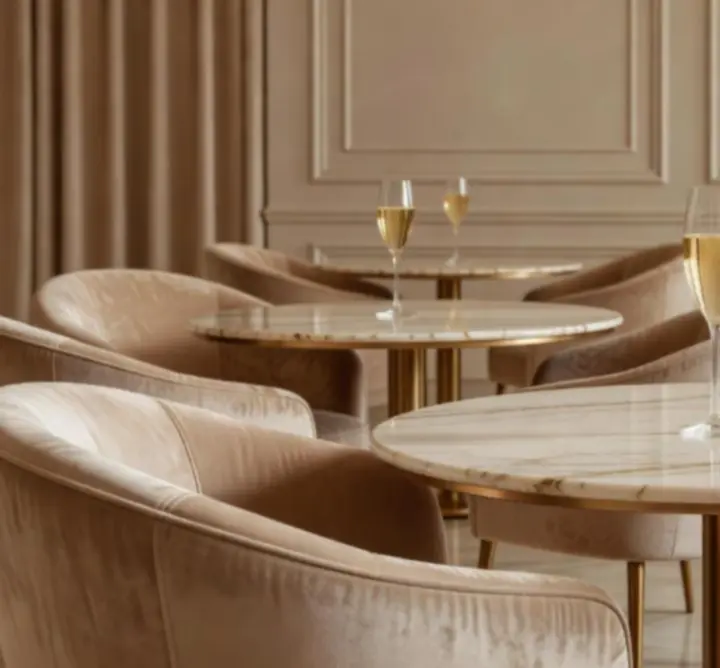 Európai stílusú lounge tér pezsgővel, világos belsővel és elegáns részletekkel.