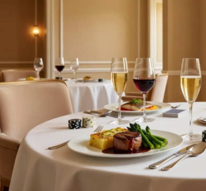 Elegáns, világos éttermi enteriőr fine dining fogásokkal egy pókeresemény előtt