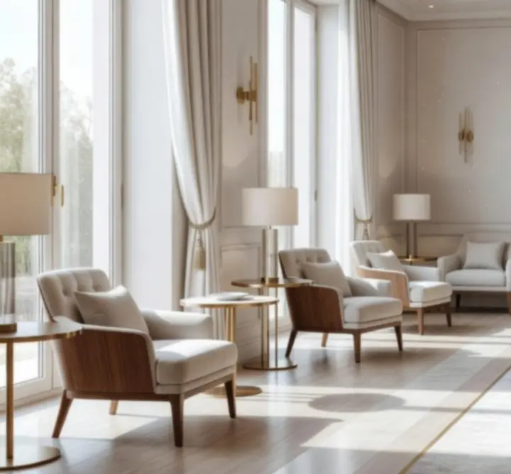 Világos, elegáns éttermi interior a SocialVenueClub Lounge-ban, körasztalokkal és kifinomult megvilágítással.
