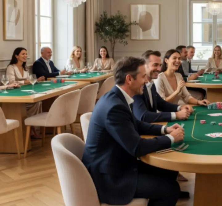 Világos, elegáns éttermi belső pókerverseny alatt, stílusos asztalokkal és társaságokkal.