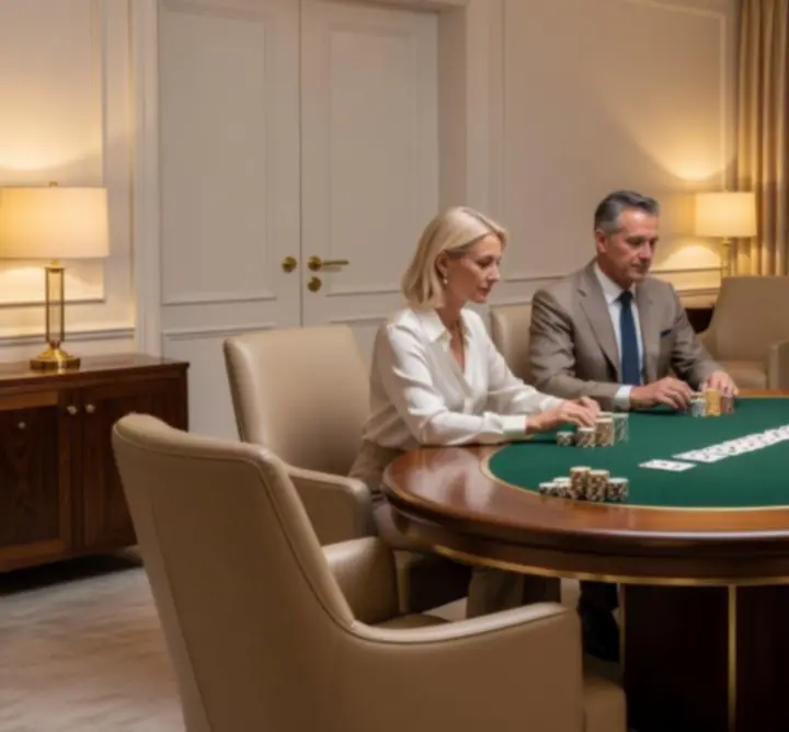 VIP privát pókerszoba elegáns, világos enteriőrrel és exkluzív asztalokkal
